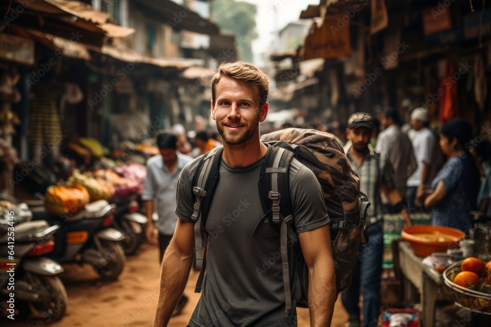 Digital Nomad Walking Through A Local Market, Generative AI Digital Nomad Walking Through A Local Market, Generative AI