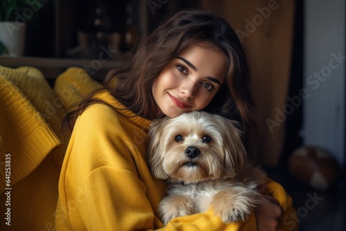 a girl wearing a yellow sweater embraces a dog