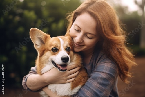 caucasian woman hugs her corgi dog outside on blurry background