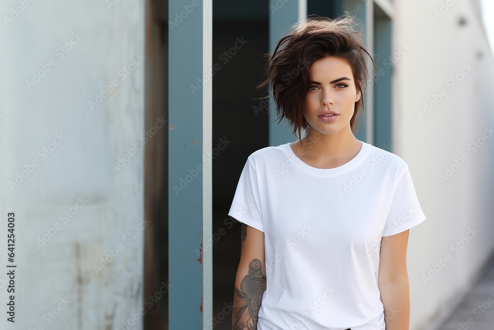 Generative AI, Realistic white T-Shirt mock up blank put on young pretty woman, copy space for presentation advertising. Blank business concept Generative AI, Realistic white T-Shirt mock up blank put on young pretty woman, copy space for presentation advertising. Blank business concept