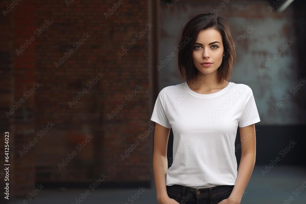 Generative AI, Realistic white T-Shirt mock up blank put on young pretty woman, copy space for presentation advertising. Blank business concept	