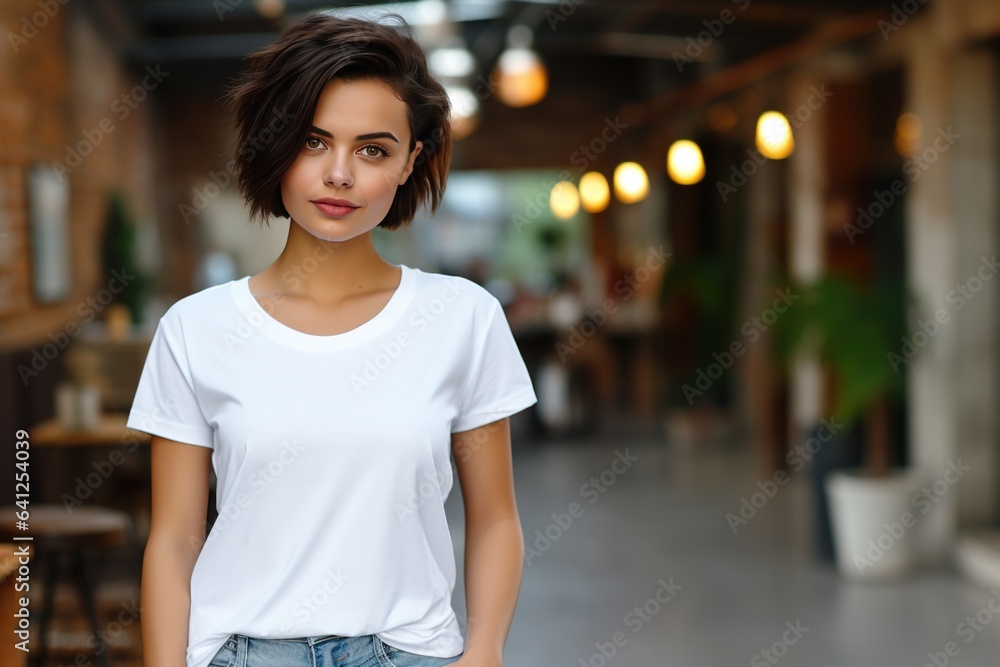 Generative AI, Realistic white T-Shirt mock up blank put on young pretty woman, copy space for presentation advertising. Blank business concept	