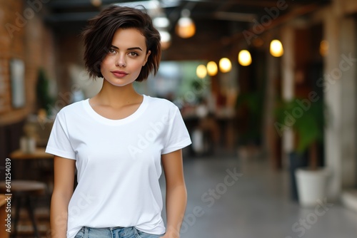 Generative AI, Realistic white T-Shirt mock up blank put on young pretty woman, copy space for presentation advertising. Blank business concept 