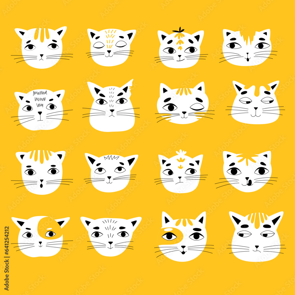 Vector set of cat faces on a yellow background. Elements for banners, cards, stickers, images. Children's illustration. Vector set of cat faces on a yellow background. Elements for banners, cards, stickers, images. Children's illustration.