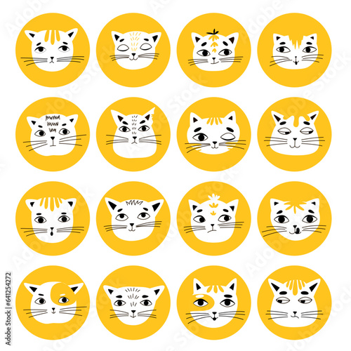 Vector set of icons of cat faces on a white background. Elements for banners  cards  stickers  images. Children s illustration.