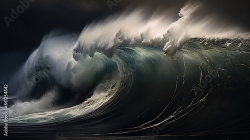 Dramatic scenes of crashing waves and turbulent seas during stormy weather photo