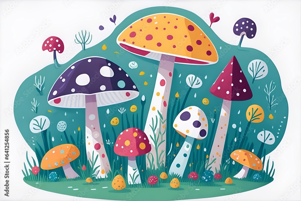 Cartoon mushrooms. Fairy tale style. AI generated illustration