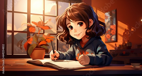 a young girl does her homework in her room