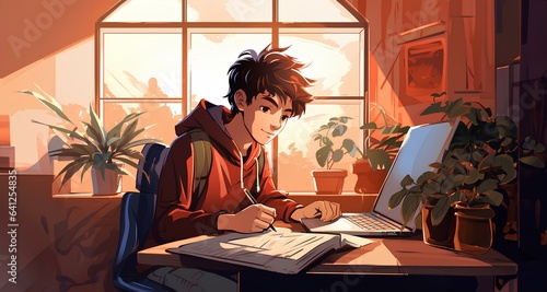 a young boy does his homework in his room