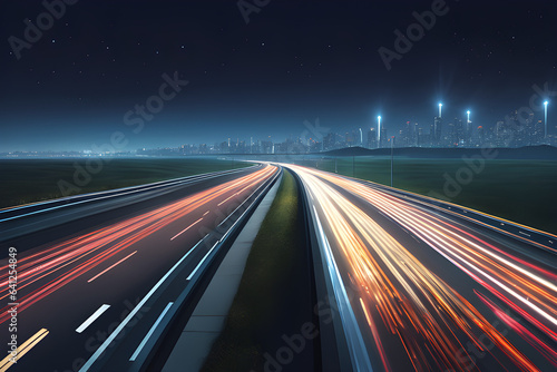 Nighttime highway ambiance with dynamic streaks of lights from moving vehicles
