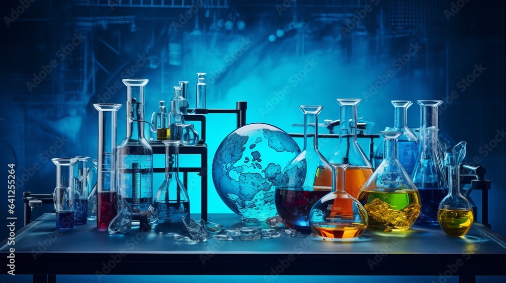 A blue background with a chemistry lab on a table with lots of different colors of stuff inside. Some glassware and some bio stuff too.