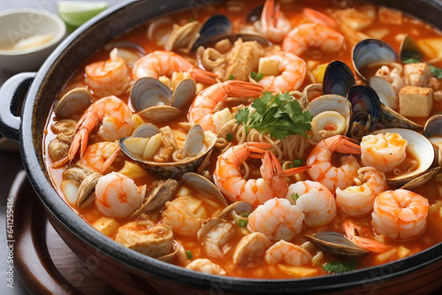 korean seafood thick curry sauce with prawns and egg, food from asia photo