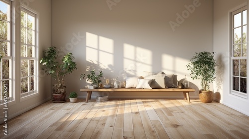 Aesthetic minimalist composition of japandi living room interior. Long wooden bench  decorative vases  exotic plants in floor pots  wooden floor  large windows. Home decor. Template.