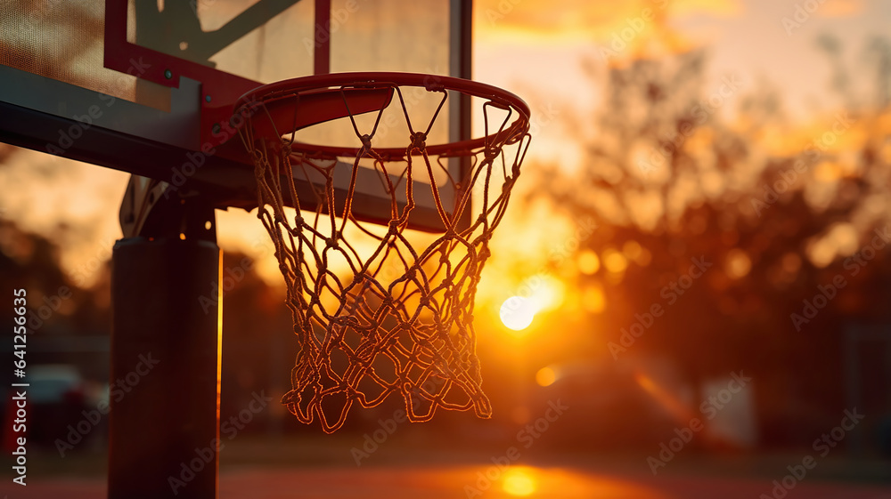 A basketball hoop against the backdrop of a beautiful sunset