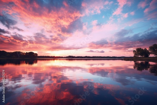 Pastel Hued Sunset Over A Tranquil Lake, Generative AI © Shooting Star Std