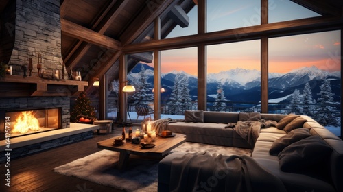Cozy living room in modern minimalist chalet with Christmas decor. Blazing fireplace, burning candles, elegant Christmas tree, comfortable cushioned furniture, panoramic window with mountains view. © Georgii