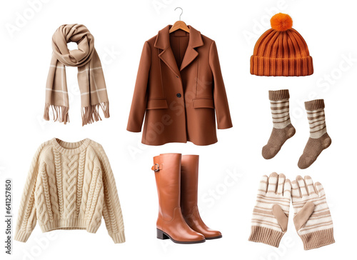 Set of autumn cozy clothes isolated. PNG file with transparency. Generative Ai 