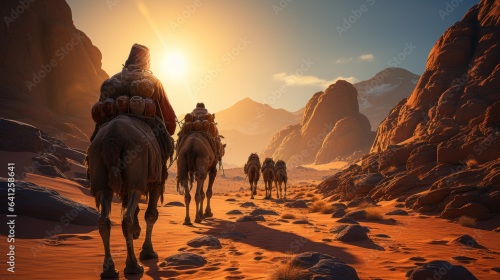Bedouins in national costumes lead camel caravan through desert - obrazy, fototapety, plakaty 