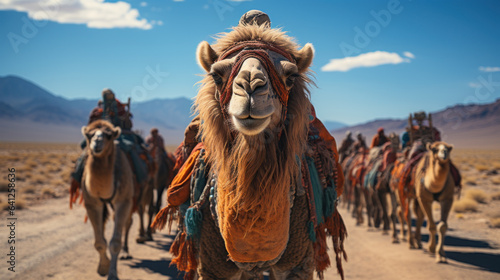 Bedouins in national costumes lead camel caravan through desert