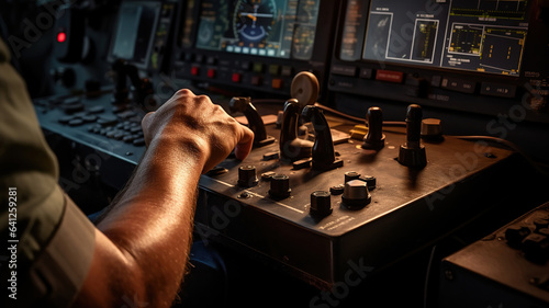 A shot of the pilot's hands firmly grasping the control yoke or joystick photo