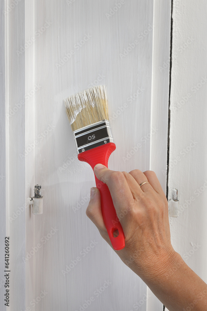 Φωτογραφία Adult woman paint wooden window to white color, old house window renovation, clo