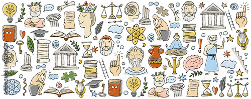 Philosophy concept art, hand-drawn philosophers and elements. Horizontal banner, background for your design