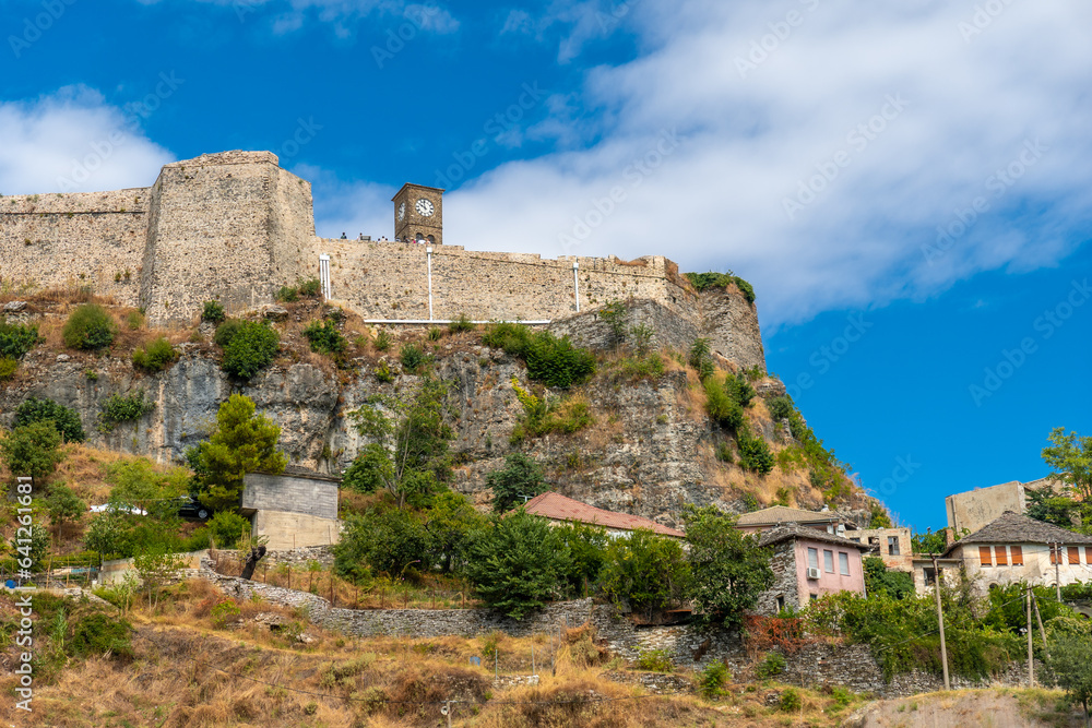 Views from below of the Ottoman castle fortress of Gjirokaster or Gjirokastra. Albanian Views from below of the Ottoman castle fortress of Gjirokaster or Gjirokastra. Albanian