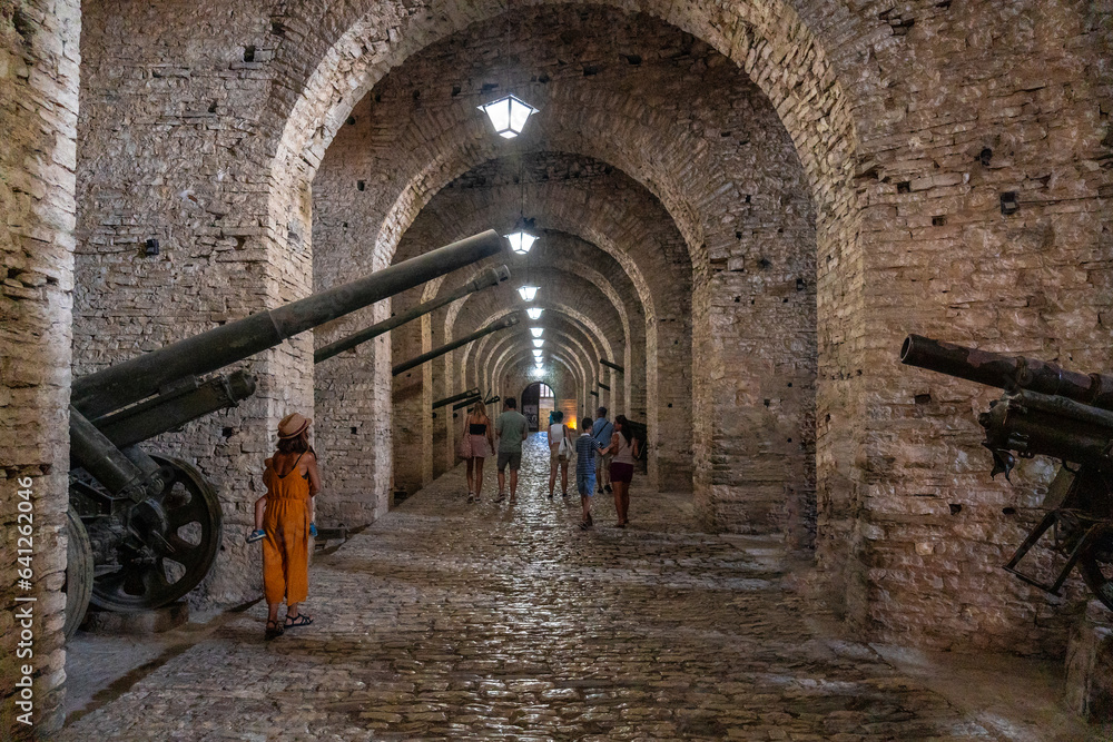 Interiors with the cannons of the fortress of the Ottoman castle of Gjirokaster or Gjirokastra. Albanian Interiors with the cannons of the fortress of the Ottoman castle of Gjirokaster or Gjirokastra. Albanian