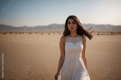 outdoor fashion photo of a beautiful persian woman with dark hair in casual clothes posing in the desert of Cyprus photo