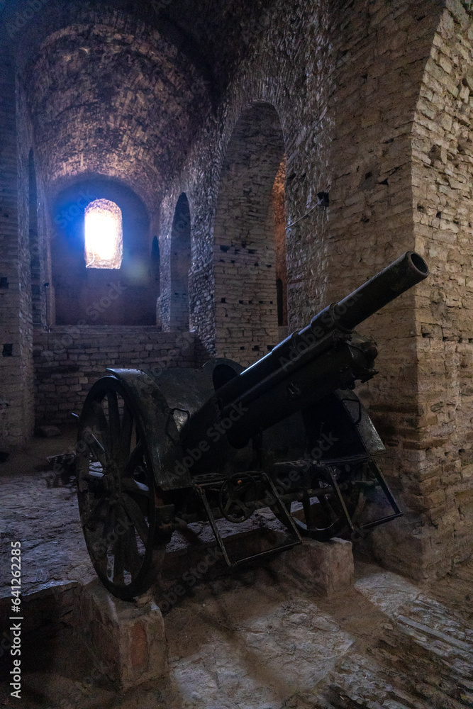 Interiors with the cannons of the fortress of the Ottoman castle of Gjirokaster or Gjirokastra. Albanian