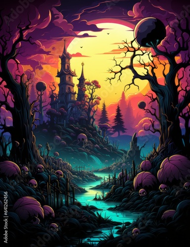 Playful Cartoon Halloween Scene for Kids with Zombies and Ghosts.