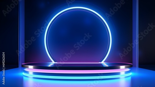 3D neon blue light podium stage for the mega sale special offer for the award or to display your brand. Generative AI.