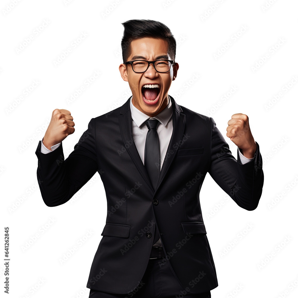 Successful Asian businessman confidently posing in a formal black suit on a transparent background for corporate promotion Successful Asian businessman confidently posing in a formal black suit on a transparent background for corporate promotion