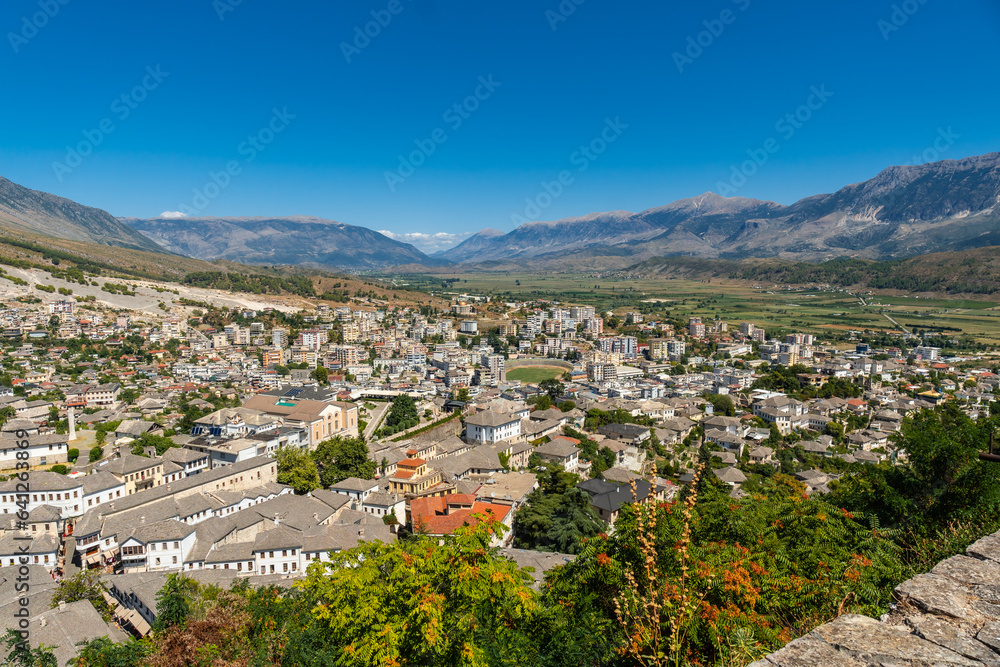 The city from the viewpoint of the Ottoman castle fortress of Gjirokaster or Gjirokastra. Albanian