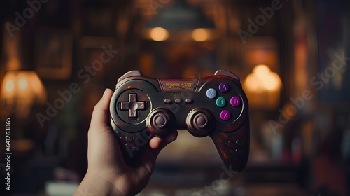 Hands holding a gamepad, a joystick for a video game console.