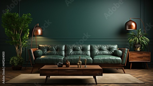 Front view of modern luxury living room. Emerald wall, hardwood floor, comfortable leather sofa, coffee table, floor lamps, plants in pots, home decor. Mockup, 3D rendering.