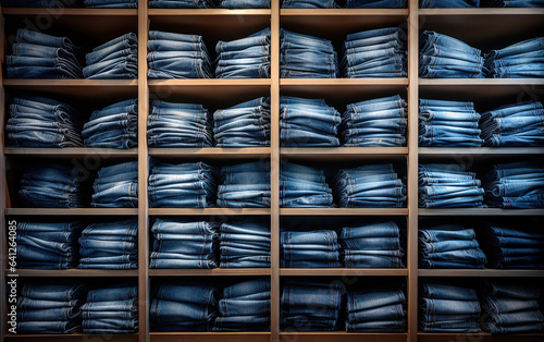 A shelf filled with neatly stacked denim jeans