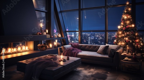 Interior of modern cozy luxurious loft style studio with Christmas decor. Blazing fireplace, burning candles, elegant Christmas tree, comfortable cushioned furniture, panoramic windows with city view.