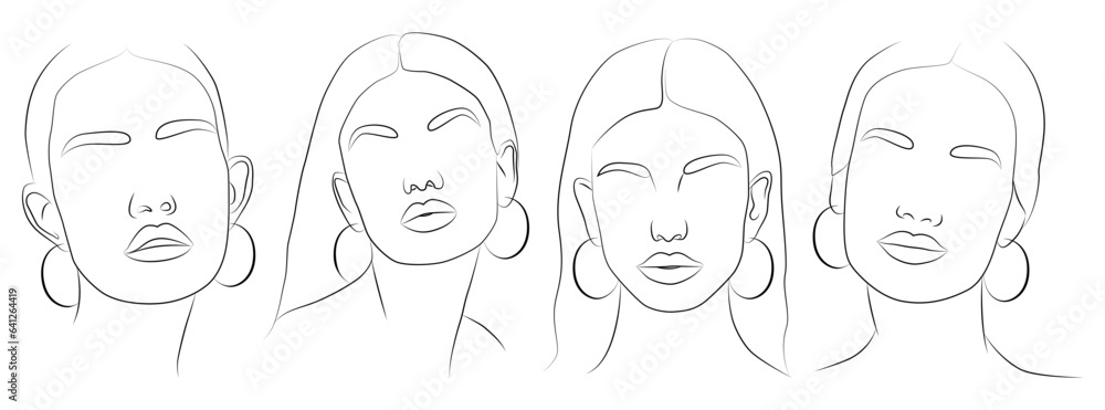A set of portraits. Cute minimalistic drawings of a woman with jewelry. A set of portraits. Cute minimalistic drawings of a woman with jewelry.