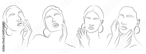 A set of portraits. Cute minimalistic drawings of a woman with jewelry.