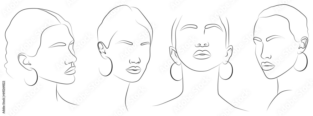 A set of portraits. Cute minimalistic drawings of a woman with jewelry. A set of portraits. Cute minimalistic drawings of a woman with jewelry.