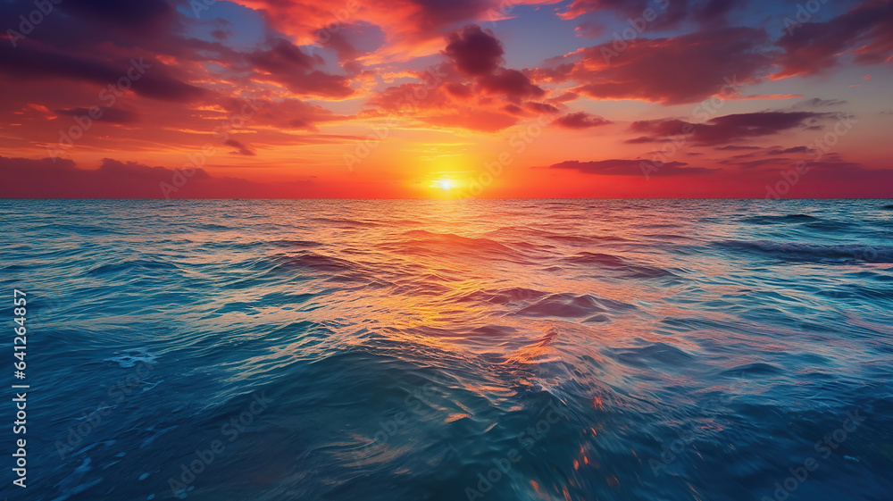 The breathtaking colors of the sun rising or setting over the ocean horizon