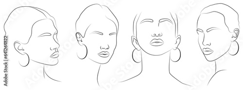 A set of portraits. Cute minimalistic drawings of a woman with jewelry.