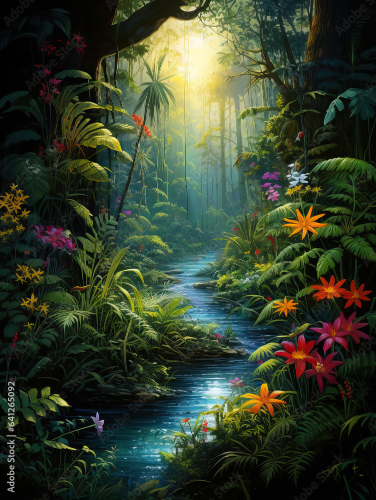 Beautiful tropical forest scenery, digital painting of dark jungle with lots of trees, plants and flowers, vertical illustration of fantasy rainforest - obrazy, fototapety, plakaty 