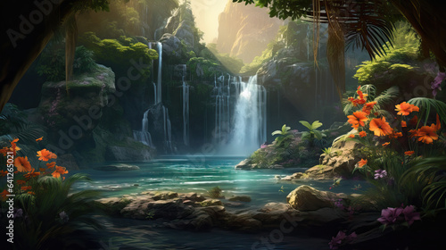 Waterfall in the jungle  waterfall and lake in tropical forest  lots of trees and flowers  digital painting  detailed hand painted background  horizontal art