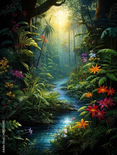 Beautiful tropical forest scenery  digital painting of dark jungle with lots of trees  plants and flowers  vertical illustration of fantasy rainforest