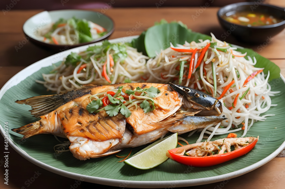 a plate of Thai-style grilled fish with a savory taste, Asian fish dishes with various spices a plate of Thai-style grilled fish with a savory taste, Asian fish dishes with various spices