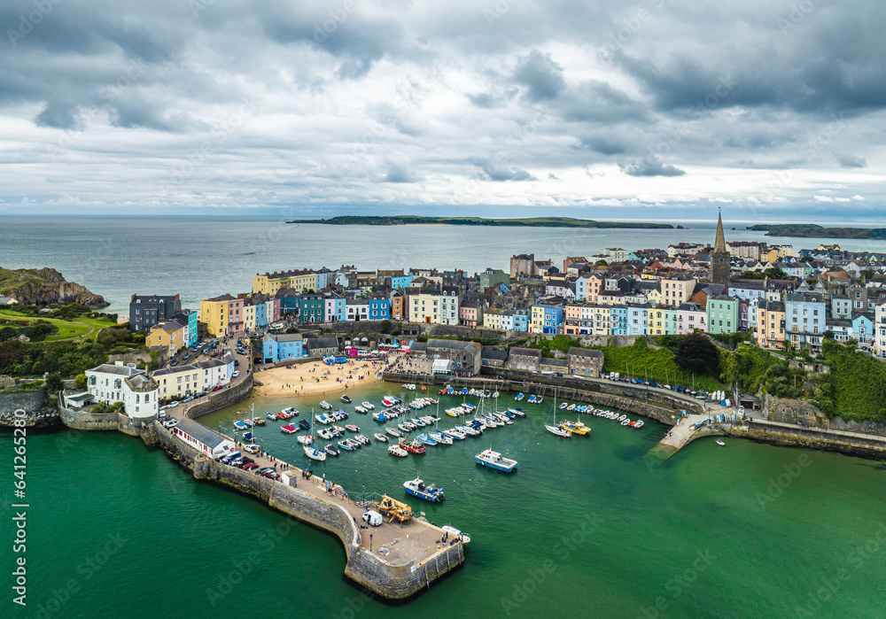 City view over Harbour and Marina from a drone, Tenby, Pembrokeshire, Wales, England, Europe