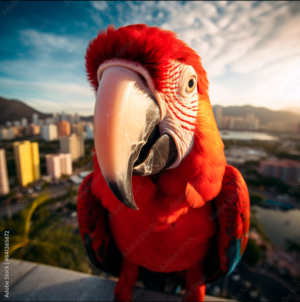 close-up of red parrot on top of a skyscraper