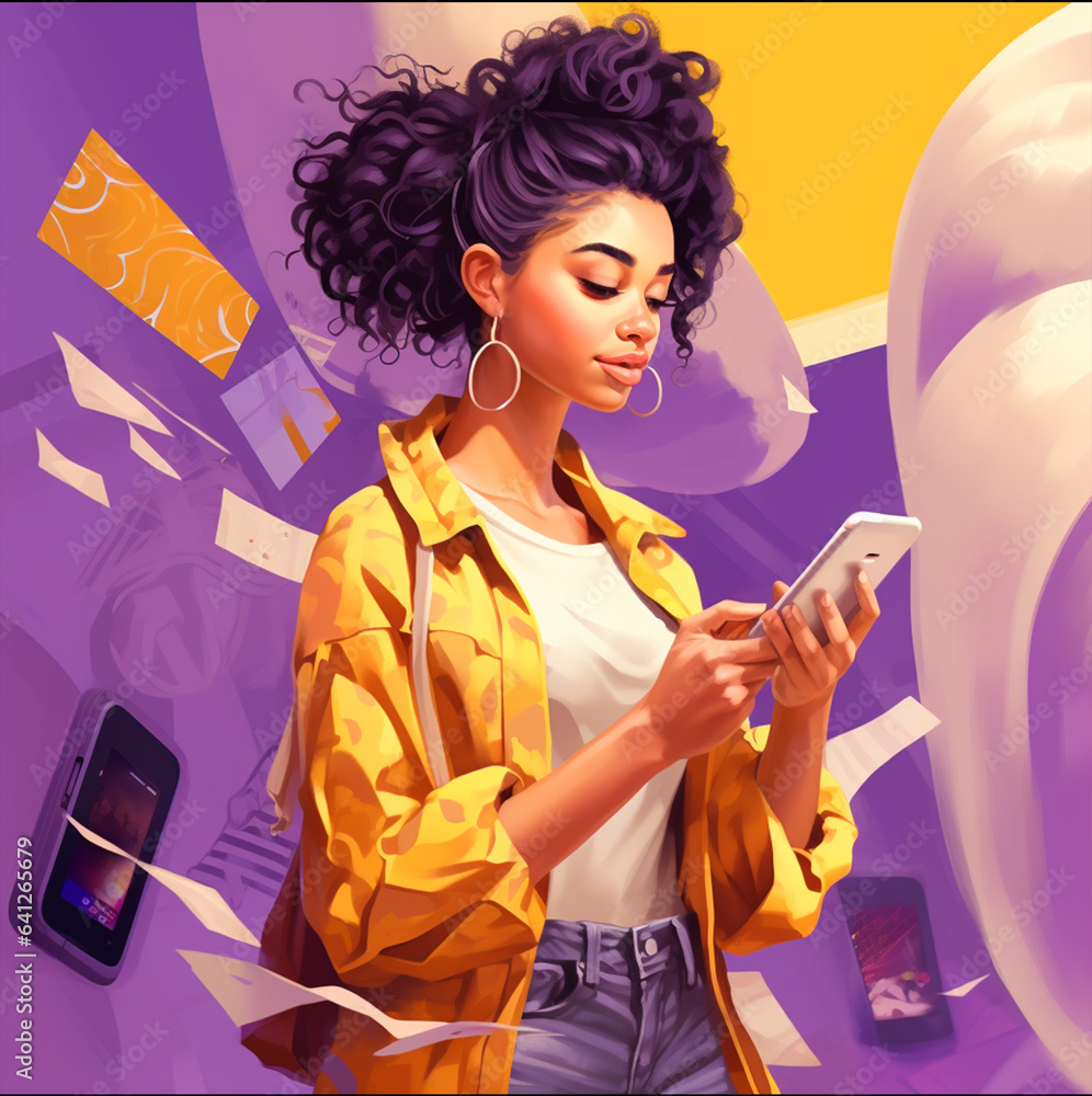 Black woman with smarthphone shopping online, black curly hair, yellow and purple colours